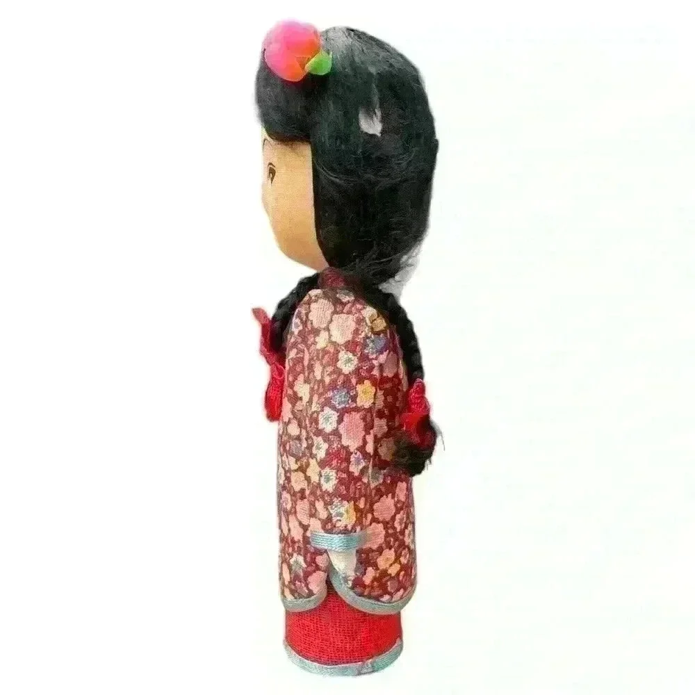 VTG Mid Century Handmade Painted Chinese Peg Doll with Red Floral Robe